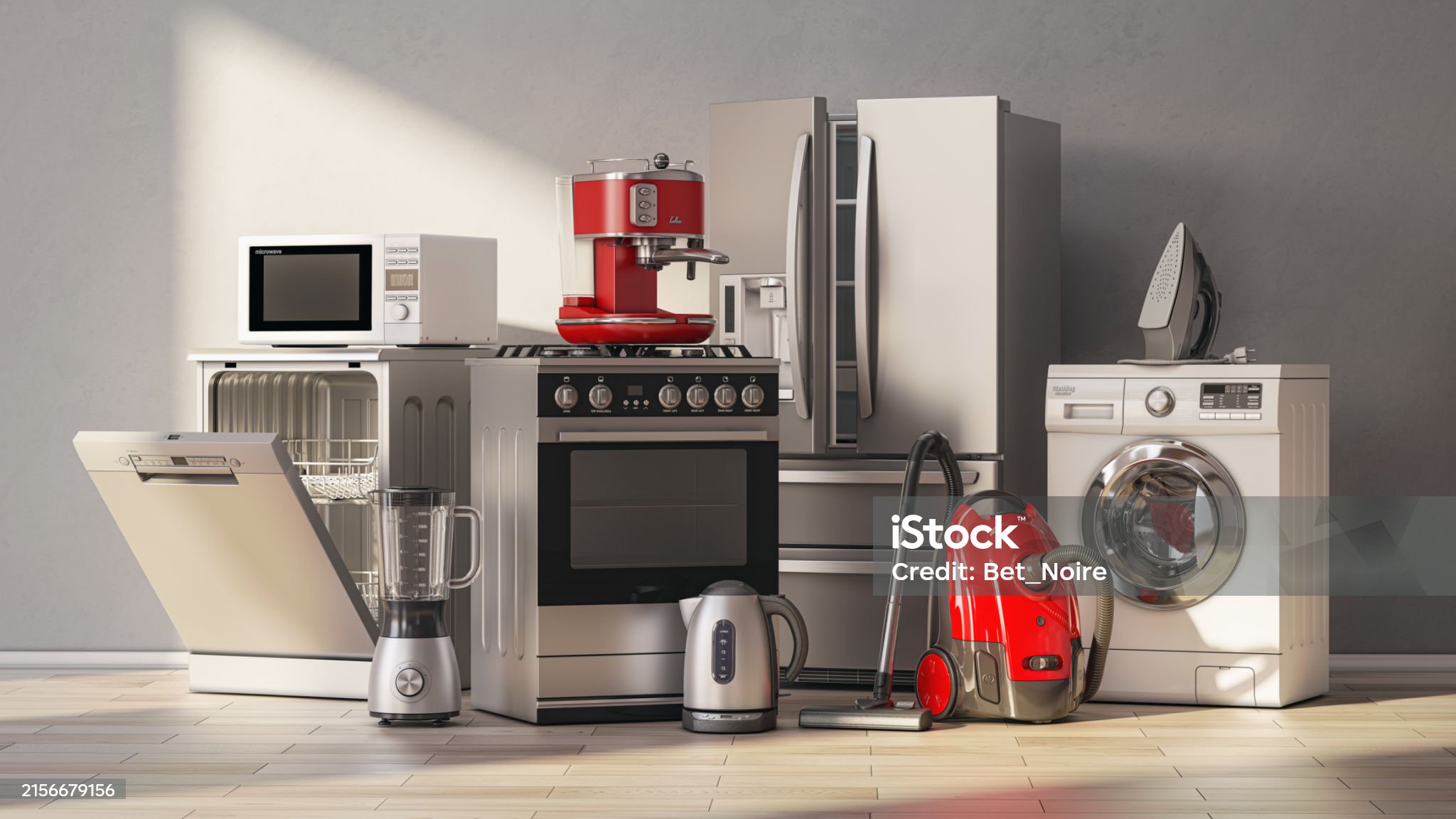 Set of home kitchen appliances in the room with sun light. 3d illustration